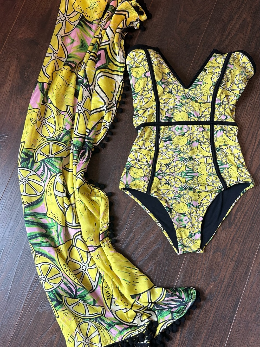 Ancora Lemon Print One-Piece Swimsuit + Silk Sarong Cover-Up Set | Size S